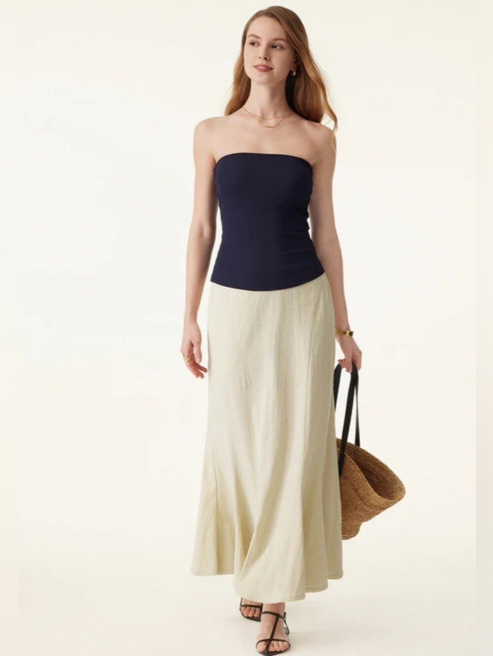 New OGL Move Pull On Cotton Linen Midi Skirt Medium Wrinkle Resistant Tan Ash
